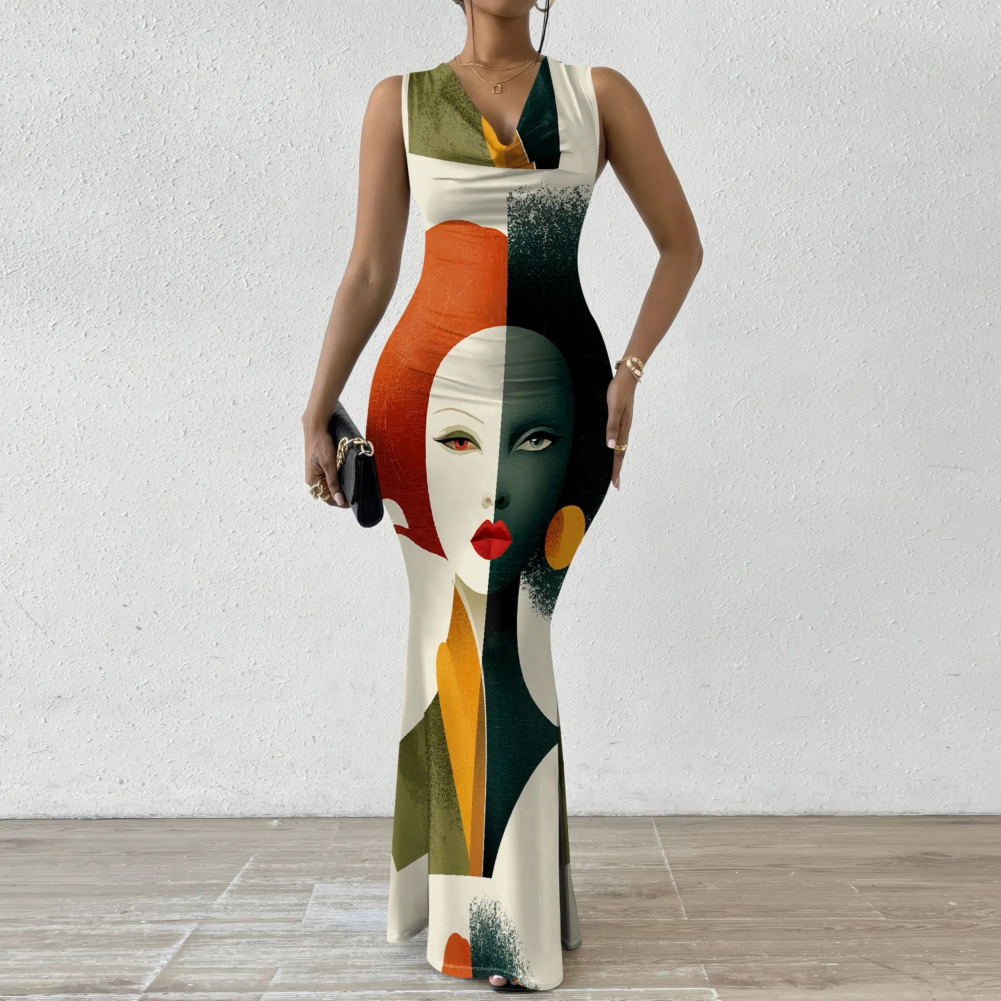 

Abstract Art V-Neck Maxi Dress Women's 2025 New Arrival XS-2XL Casual Party Dress