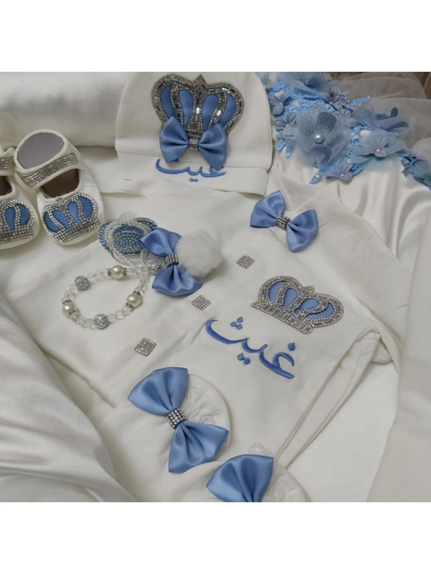 Baby Boy White Blue Crown Luxury Gift Set - Onesie Hat Shoes Swaddle w/Rhinestone Crown - Premium for Baptism, Baby Shower