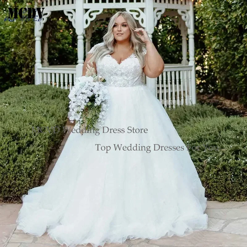 

MCDV Plus Size Bridal Gown Custom Made A Line Wedding Dresses V Neck with Lace Up Back and Appliques Cap Sleeves