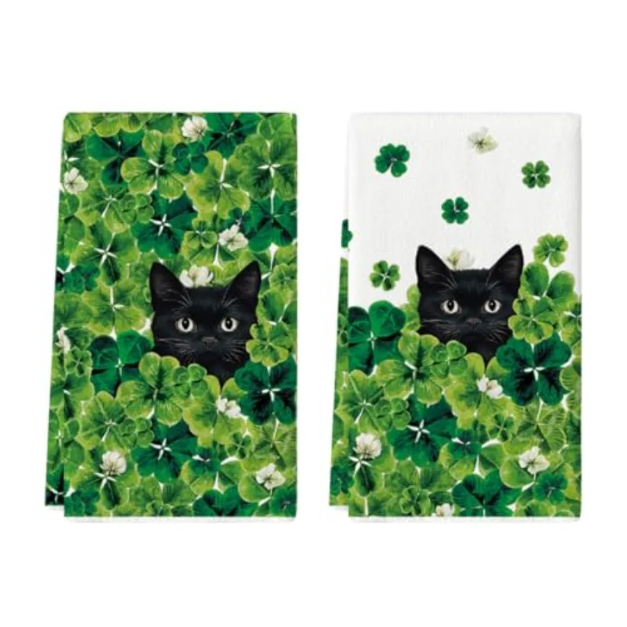 

Clover Black Cat St. Patrick's Day Kitchen Towels Dish Towels 18x26 Ih Farmhouse Holiday Spring Decoration Hand Towels Set of 2