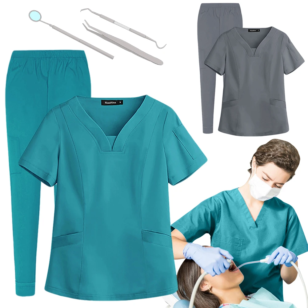 New Unisex Medical Nurse Beauty Salon Workwear Medical Scrubs Top and Pants Hospital Surgical Work Clothes for Women and Men