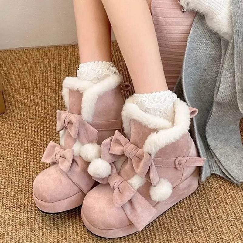 Winter Lolita Style Warm Plush Women Snow Boots Fashion Platform Thick Heel Short Booties Casual Comfort Suede Cotton Shoes