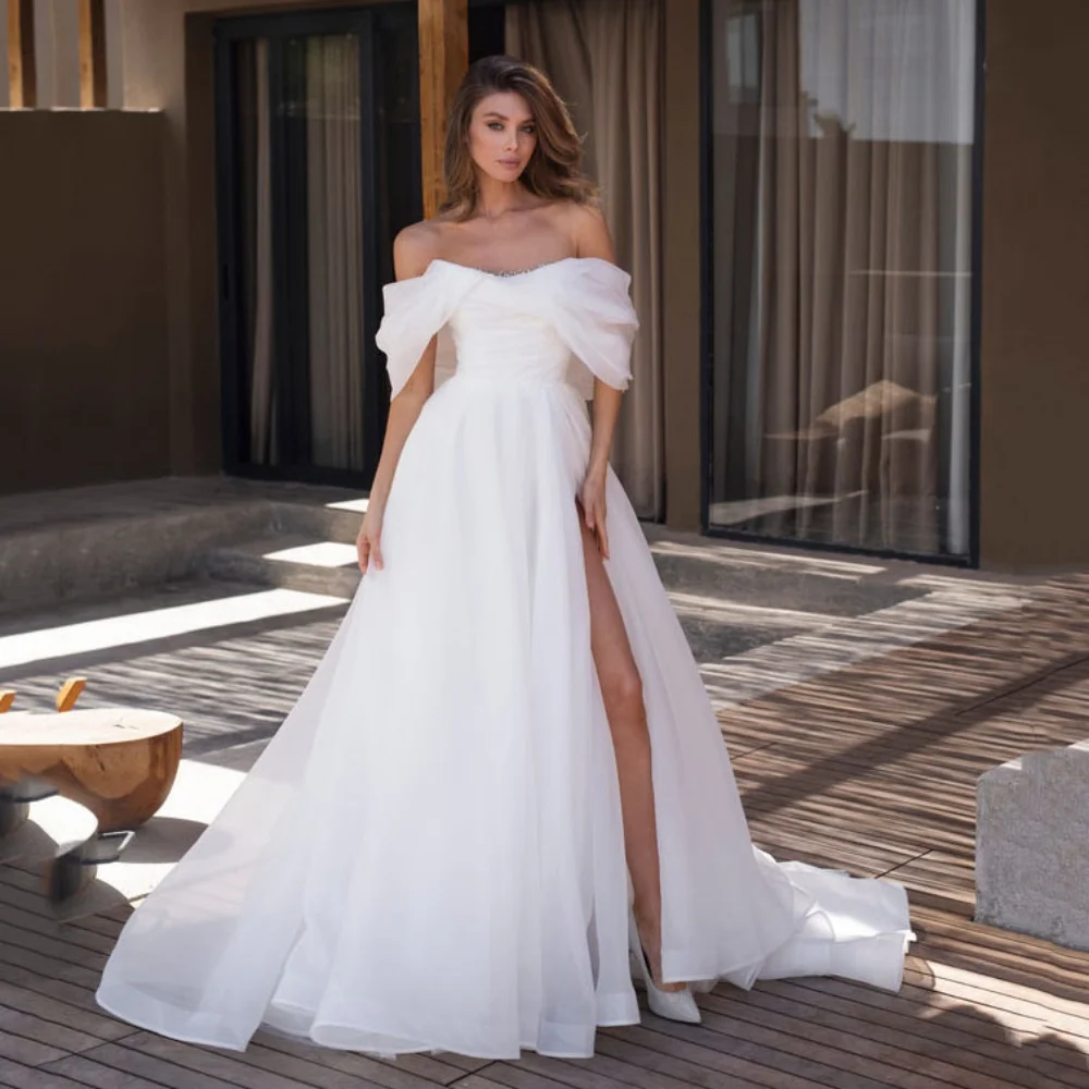 

Elegant Customized Tulle A Line Wedding Dresses Off Shoulder Bride Dress High Split Strapless Bridal Gowns Vestidos De Novia