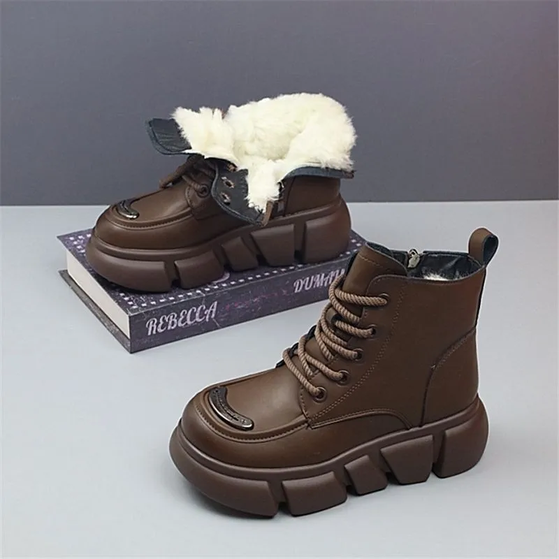 

2025 Fall Winter New British Style Motorcycle Boots for Women Faux Fur Lined Warm Lace Up Chunky Square Toe Ankle