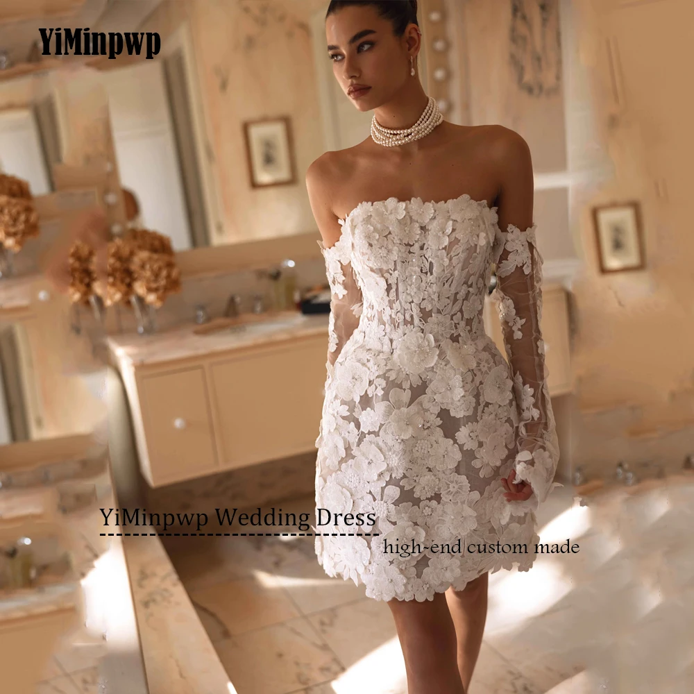 ミニレースの花のウェディングドレスストラップレスジッパーバックアップリケチュールストレート取り外し可能なスリーブ花嫁パーティードレスカスタマイズ