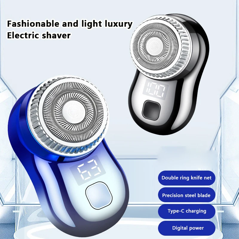 Men's Mini Electric Travel Shaver Double Ring Face Beard Razor LCD Power Display Type-C Rechargeable Painless Cordless Trimmer