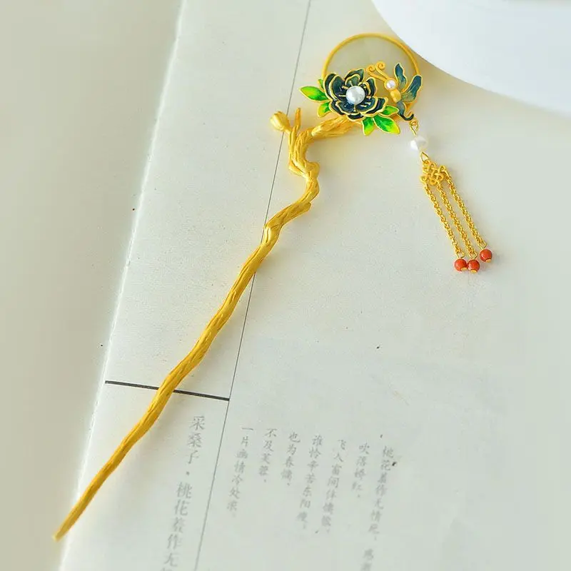 New in Chinese style tiara classical flowers tassels Natural Hotan Jade hair pin high-level accessories hair jewelry