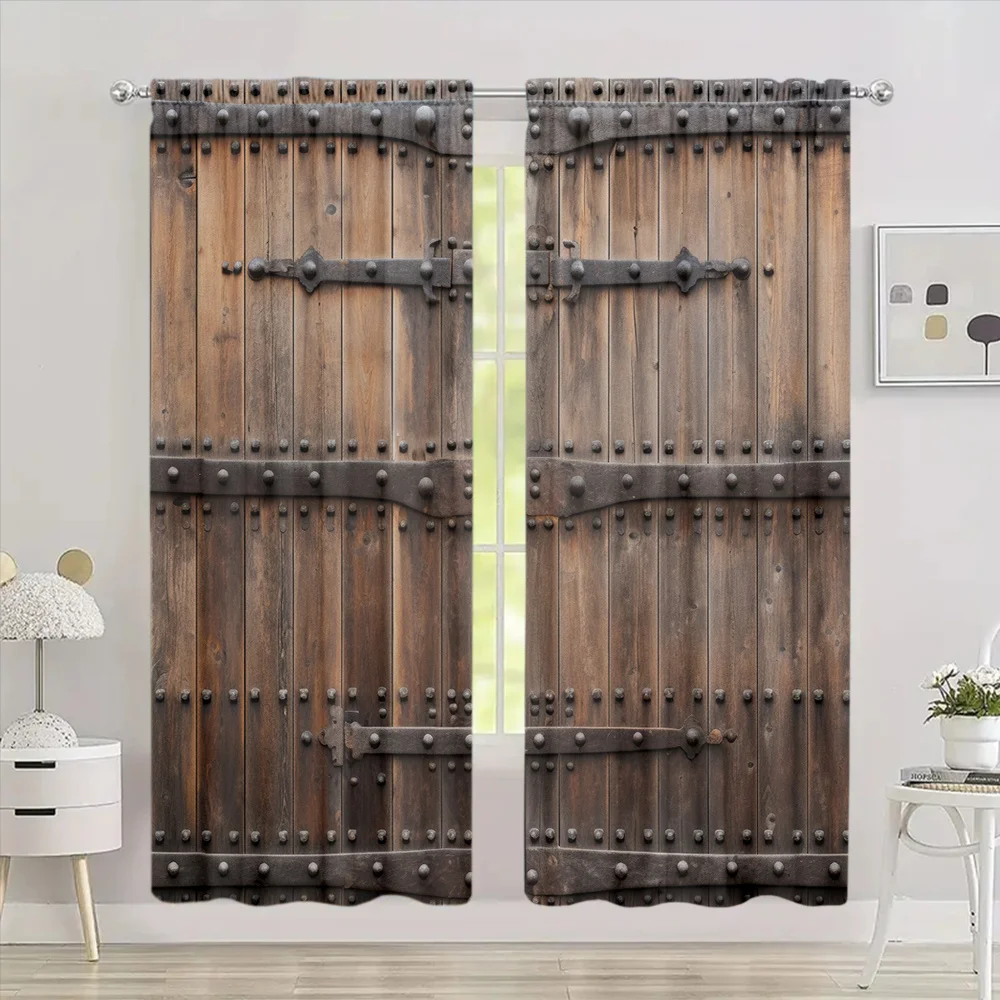 2 Panels Rustic Curtain Vintage Wooden Door Printed Curtain Rod Pocket Window Treatment For Bedroom Office Kitchen Living Room