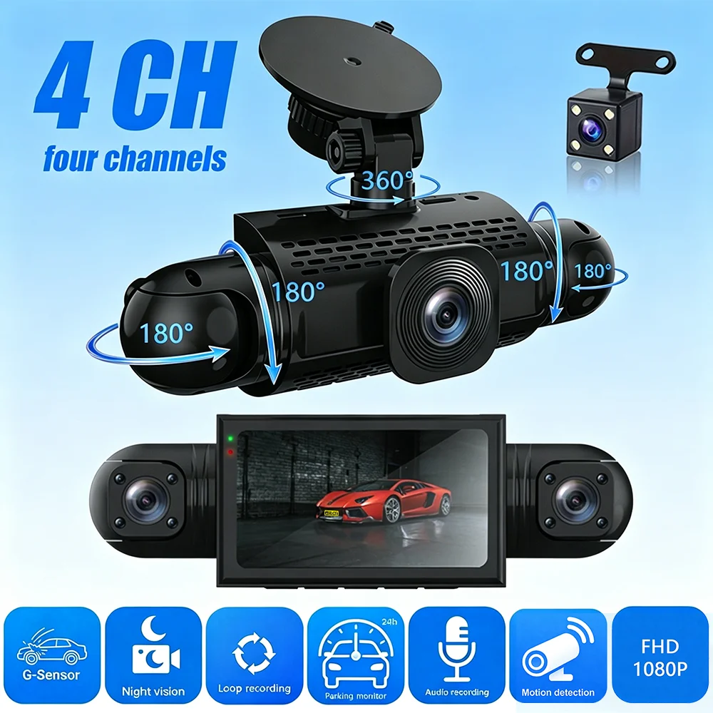 

4CH Car Dash Cam Black Box FHD 1080P Night Vision G-Sensor Loop Recording 24H Parking Monitor Sound Recording Video Recorder