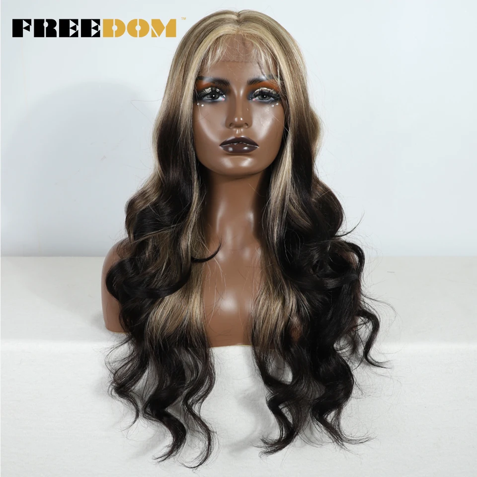 FREEDOM Synthetische Lace-Front-Perücken für Damen, 26 Zoll, Highlight Honey Brown, gewellte Perücke, Ombre-Blond, Lace-Perücke, synthetische Cosplay-Perücke – Detail 12