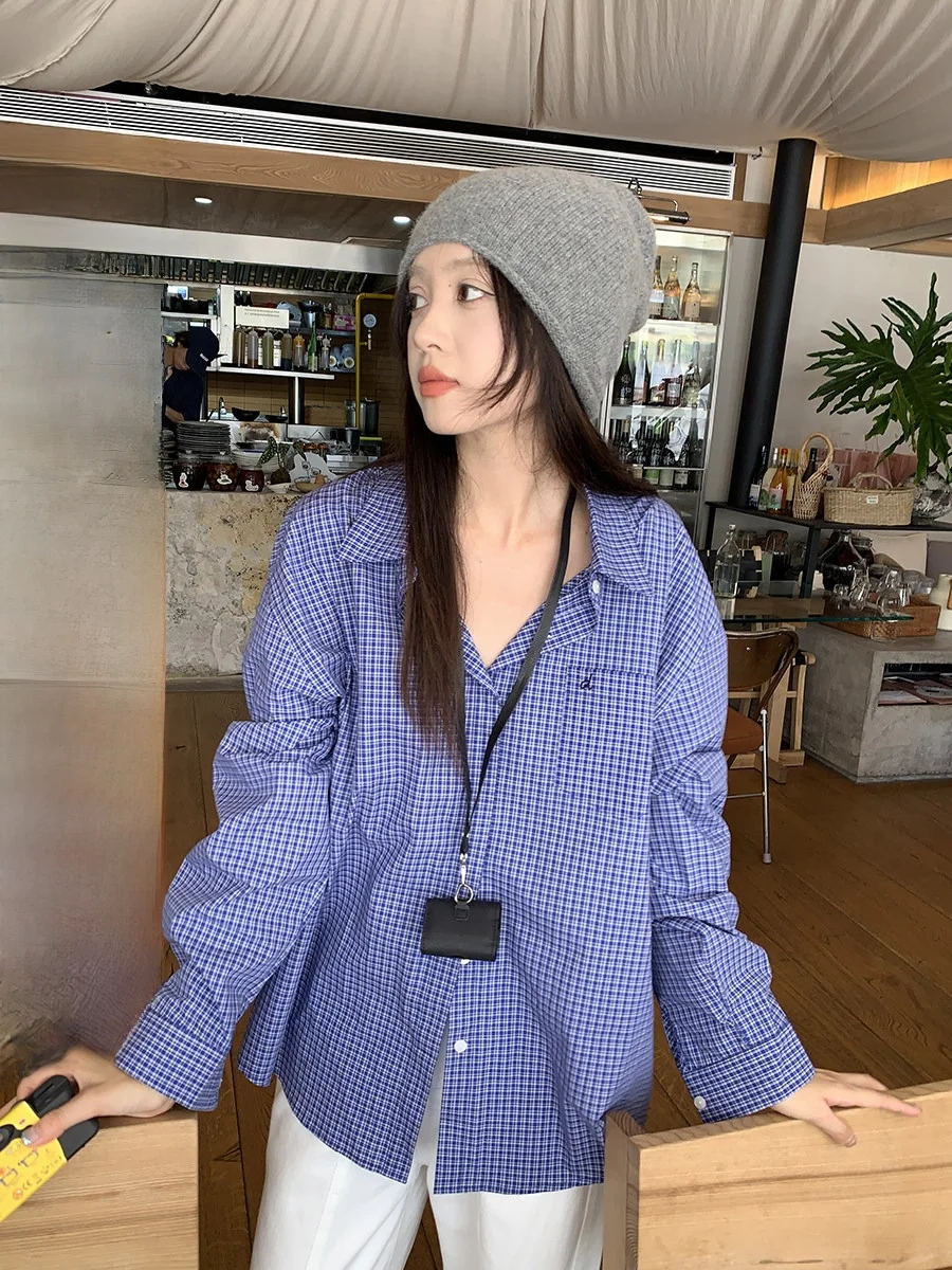 

Женская хлопковая рубашка Sinbounboun в клетку, весна 2026, с защитой от солнца, повседневная, свободного кроя, с длинным рукавом, вышитым воротником