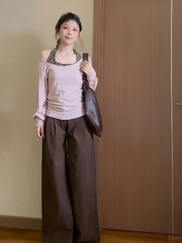 

Spring 2026 Women's Striped Ne Hanging Strap Loose Wide Leg Pants Tee Piece Set Casual Sle High Waist Trousers