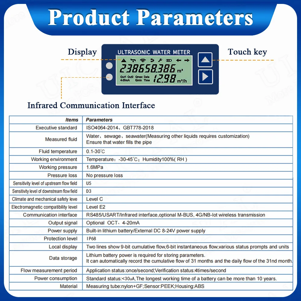 Ultrasonic Water Meter Flowmeter Water Liquid Pipeline Battery Waterproof Sensor RS485 MBUS Interface Transmitter