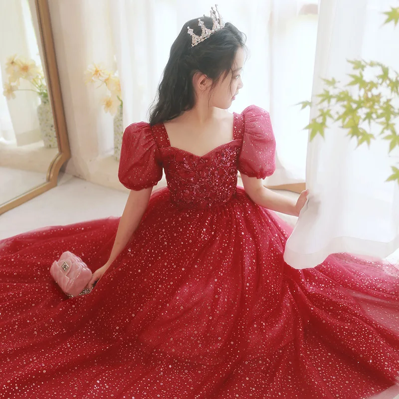 Girls\' Red Evening dress 2024 Spring Children\'s Princess dress host flower child piano performance costume
