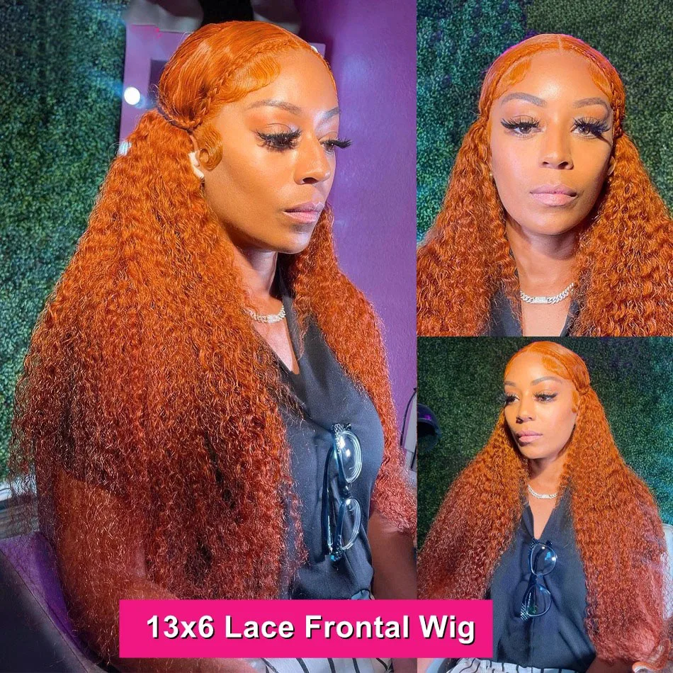 13x6 Orange Ginger Deep Wave HD Transparent Lace Front Wigs Curly Human Hair for Women 200% Density 350# Water Wave Colored Wig