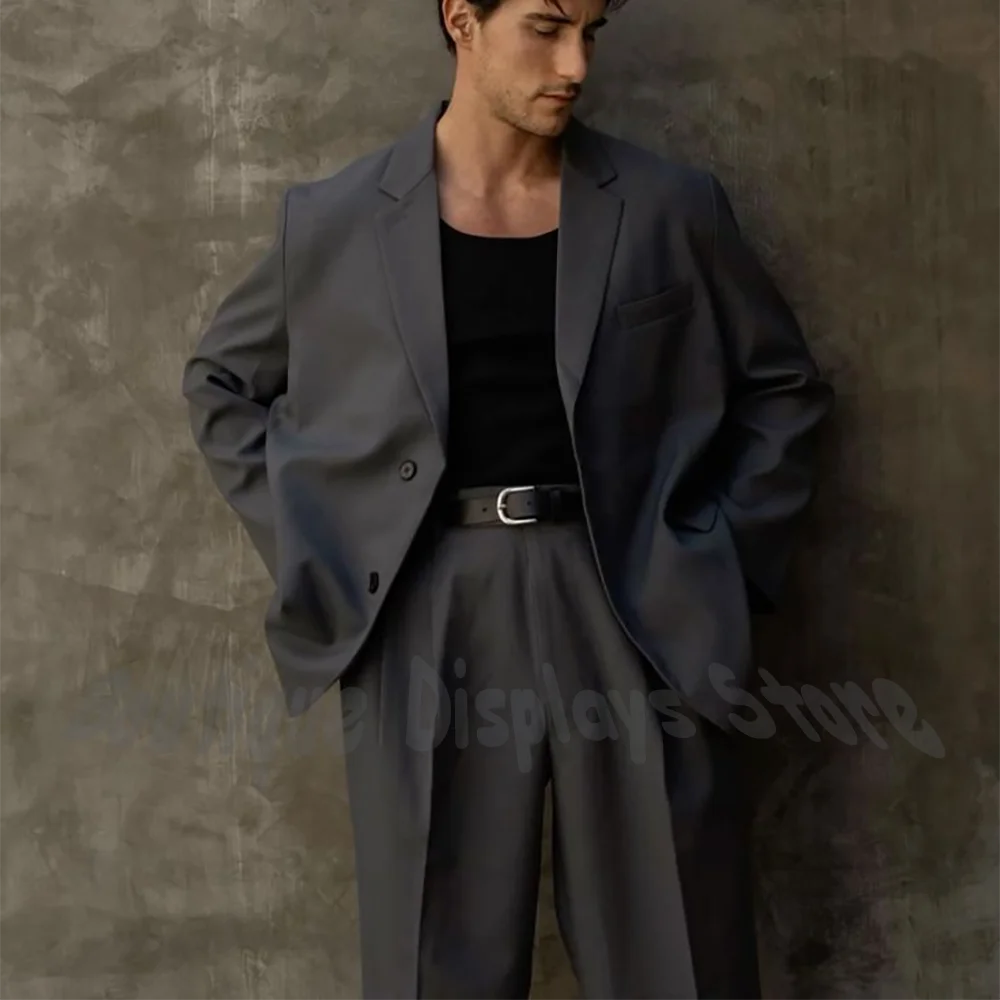 

Dark Gray Men's Suit Stylish Notch Lapel Single Breasted Jacket Pants Casual Loose Pure High End Smart Prom Outfit Blazer Set