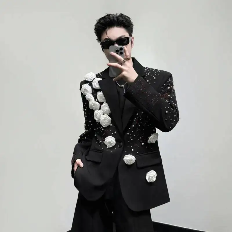 WVGA Spring Autumn New Men Korean Style Heavy Three-dimensional Rose-decorated Stylish Blazer Niche Beaded Diamond Jacket W25587