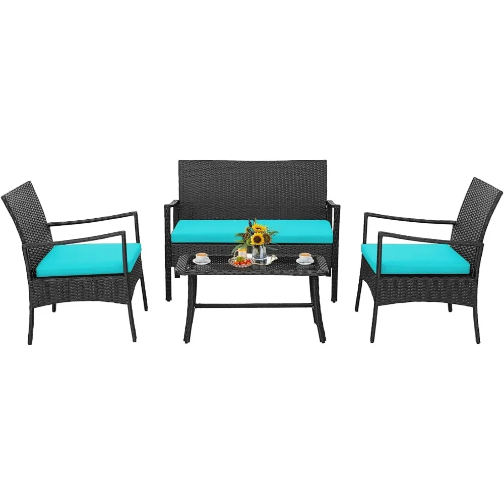 

4Pieces Rattan Conversation Set, Patio Sofa Couch Set w/ Tempered Glass Coffee Table, Seat Cushions, Outdoor Wicker Loveseat Set