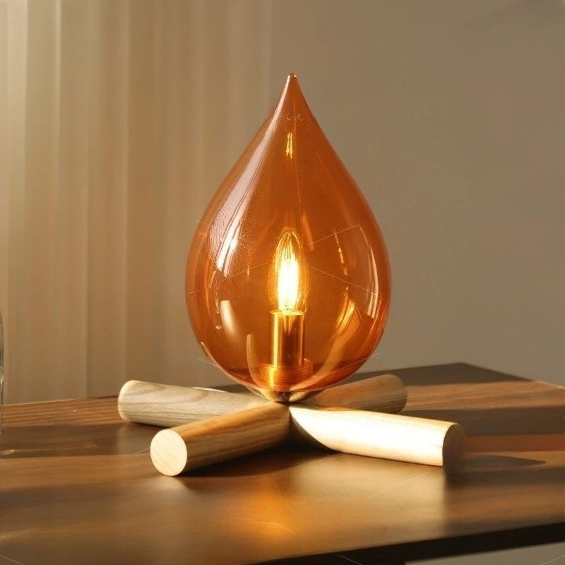 

Nordic Designer Wooden Bonfire LED Table Lamps Orange Glass Lampshade Creative Living Room Bedroom Kitchen Restaurant Desk Light
