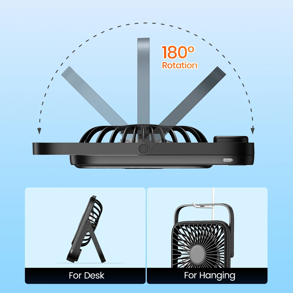 مروحة مكتب محمولة بقدرة 5000 مللي أمبير في الساعة مكونة من قطعتين مروحة شخصية تعمل ببطارية قابلة لإعادة الشحن، هادئة 180 °   مروحة طاولة صغيرة قابلة للطي 4 سرعات للرياح