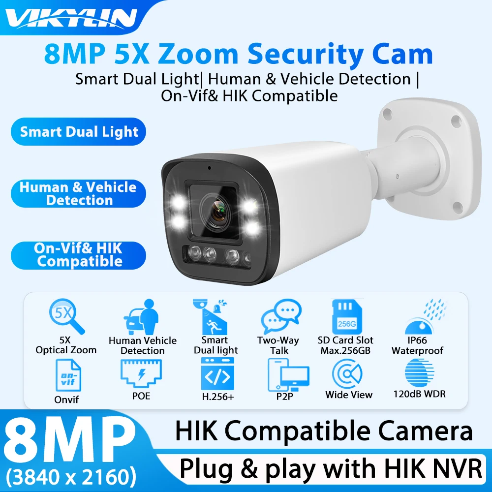 Vikylin Hikvision Protocol 8MP Dual-Light Bullet IP Camera MD2.0 Two-Way Audio Home Outdoor Video Surveillance Security Camera