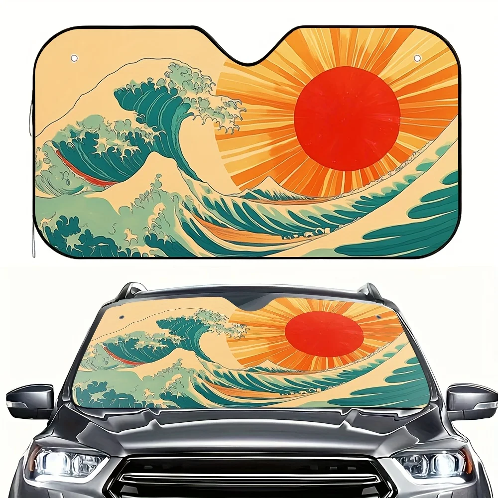 

1pc Great Wave Off Kanagawa & Rising Sun Car Sun Visor - Fit For All Vehicles, UV & Heat, Horiuchi Wave Design (Traditional Art)