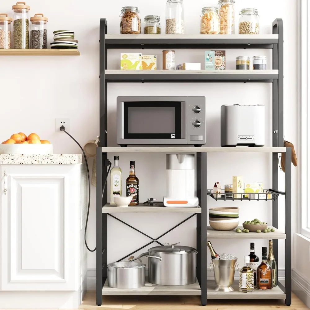 

Bakers Rack with Power Outlet, 6-Tier Kitchen Storage Cart with Microwave Stand, Coffee Bar with Wire Drawer, Customized
