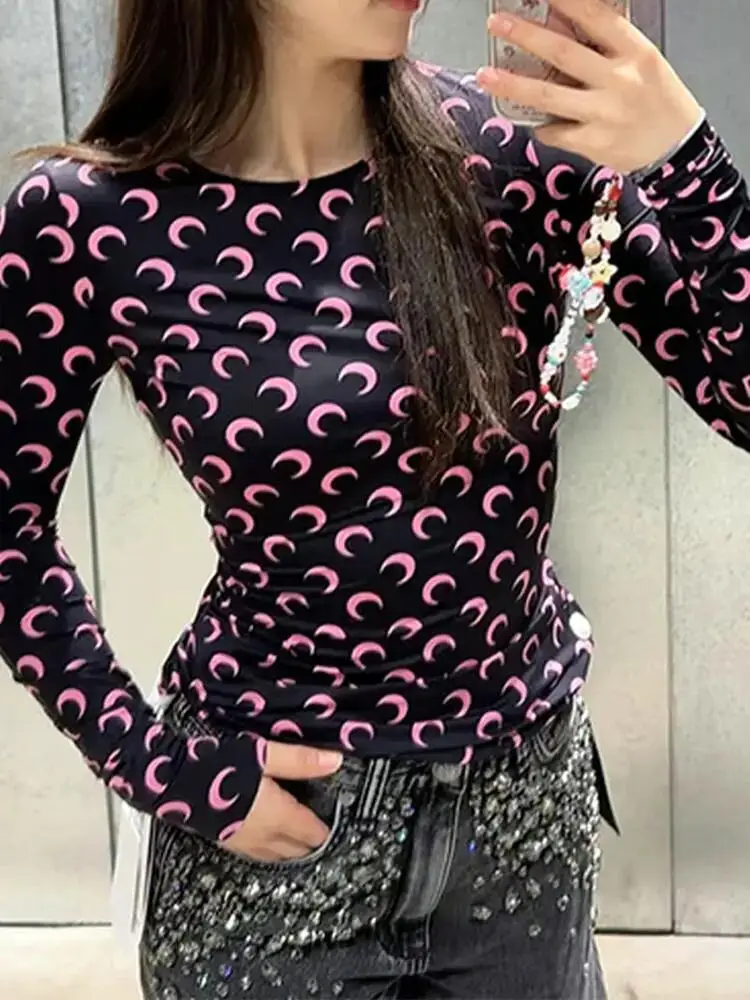Sunscreen Layered Ice Silk Moon Base Shirt Round Neck Elastic Slim Fit Fashion T-Shirt Trendy Top Casual Style Long Sleeve