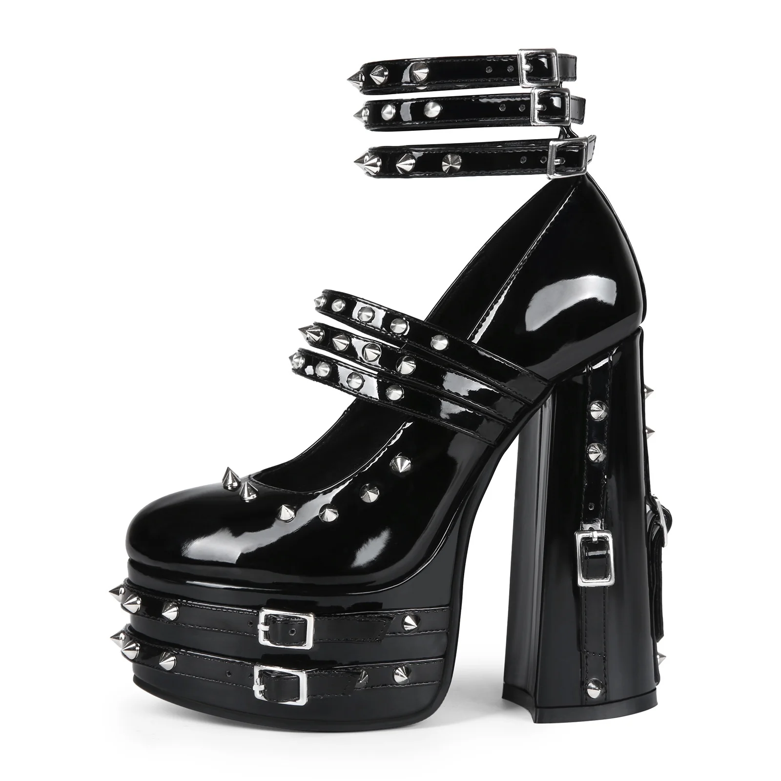 Zwart Lakleer Punk Gothic Klinknagel Platform Mary Janes Schoenen Hot Girl Dikke Suer Hoge Hakken Grote Maat 44, Damesschoenen