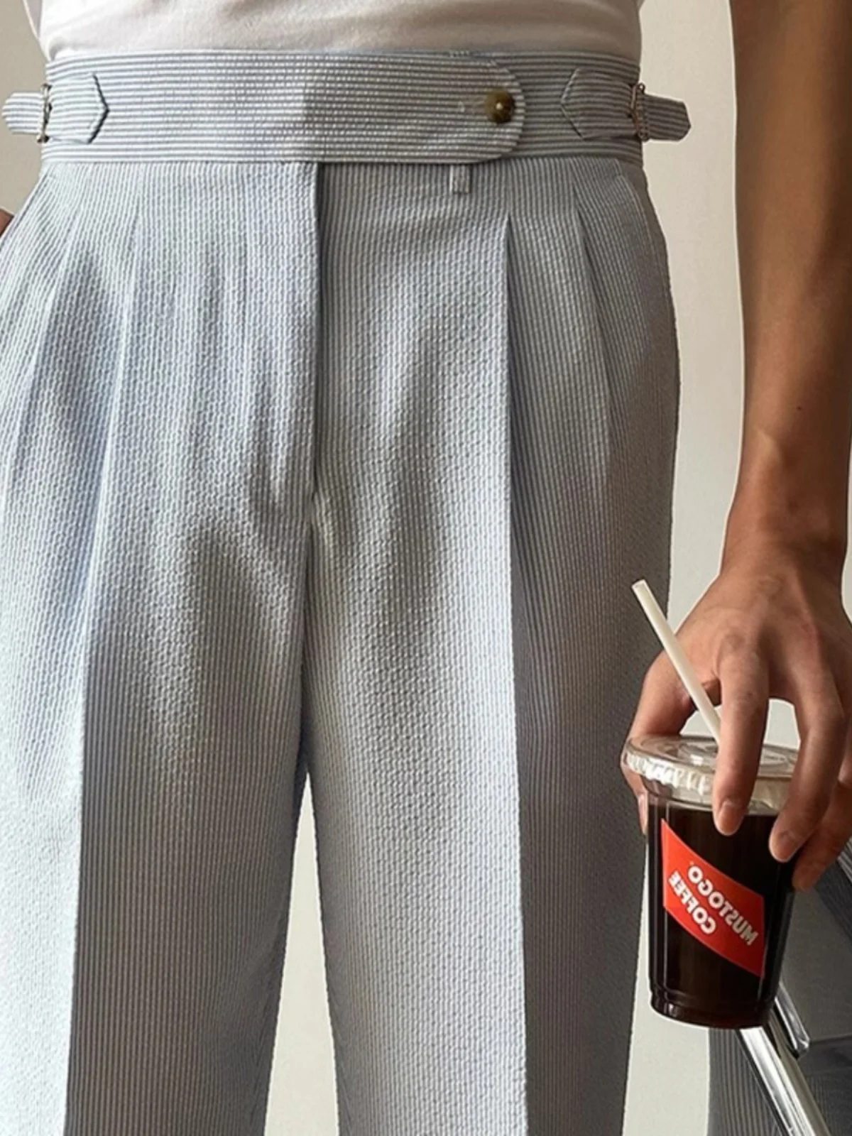 

Italian Style Men's High Waist Bubble Cloth Paris Button Naples Blue Stripes Casual Pants Straight Leg British Style Trousers