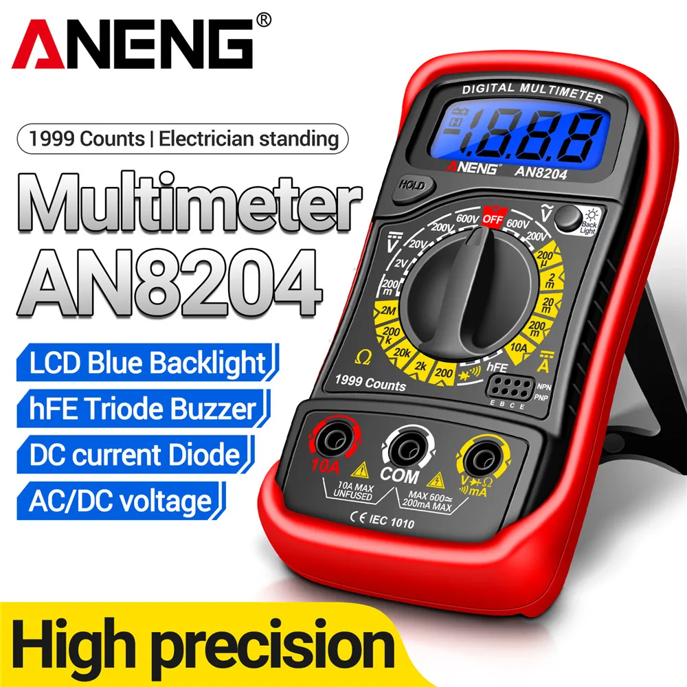 

High Precision Multimeter ANENG AN8204 1999 Counts Digital AC/DC Voltage DC Current hFE Triode Buzzer Multifunctional Test Tools