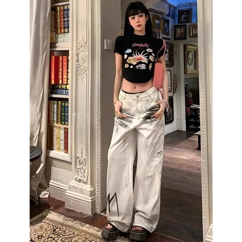 

High Waist Women White Jeans Hip-hop Style Fashion Vintage Streetwear Y2K Wide Leg Graffiti Plus Size Trouser Baggy Denim Pants