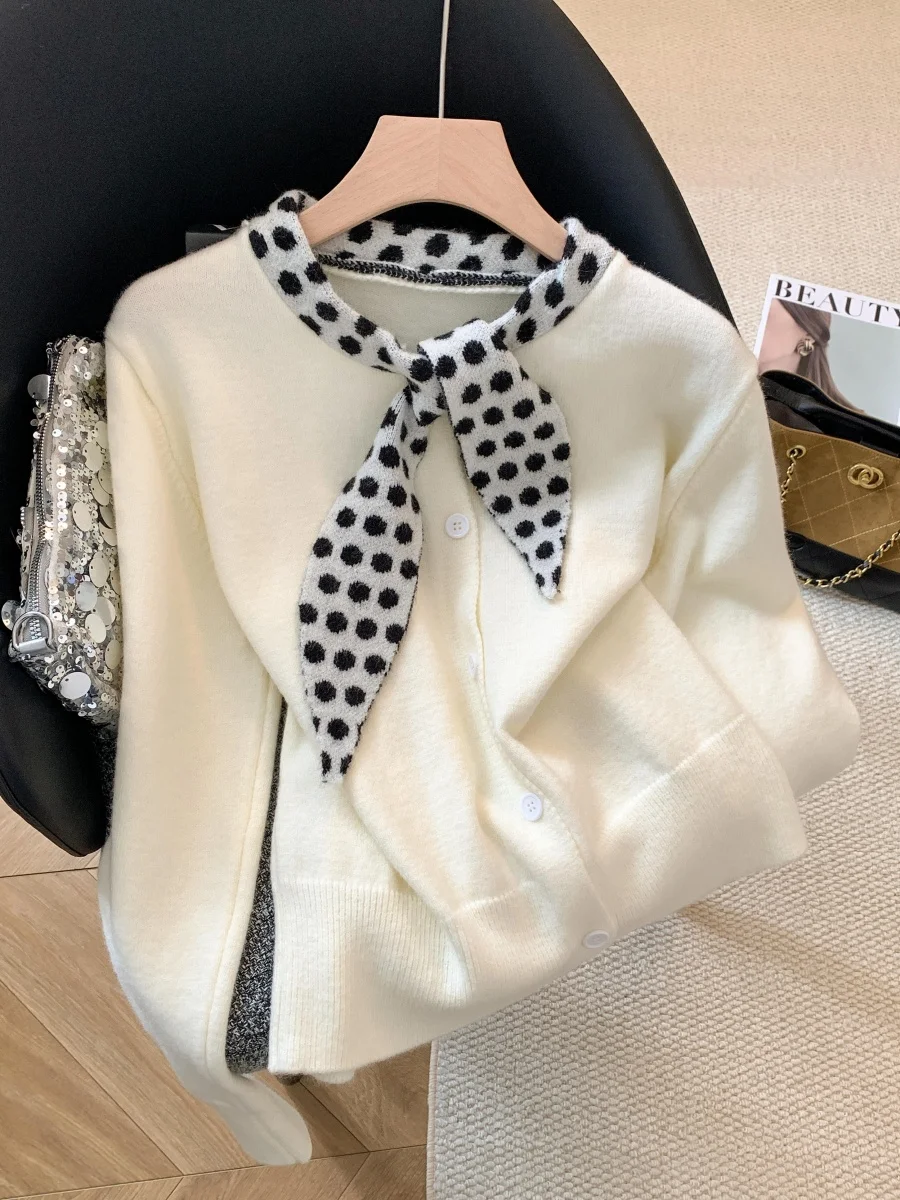 

Корейский шарф в горошек, вязаный свитер, открытый кардиган, длинный свеч, свободный женский осенне-зимний новый повседневный топ