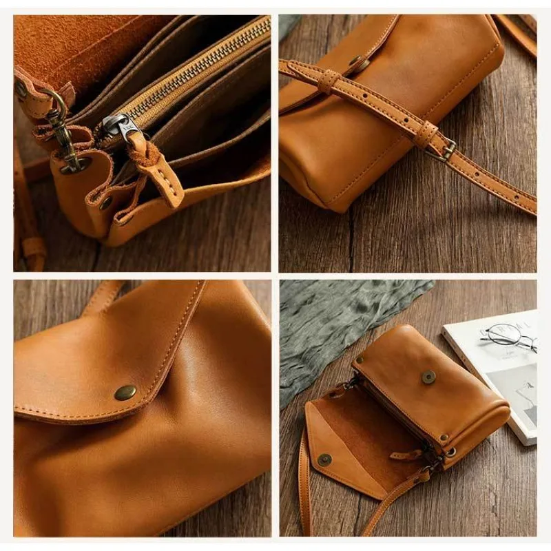 Women's Handcrafted Luxury Top Grain Genuine Leather Crossbody Bag Waxed Accordion Structured Elegant Daily Work