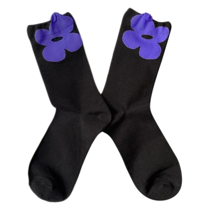 

Korean Japanese Women Cotton Socks Harajuku Preppy Sweet Big Flower Pattern Contrast Color Student Tube 15UB