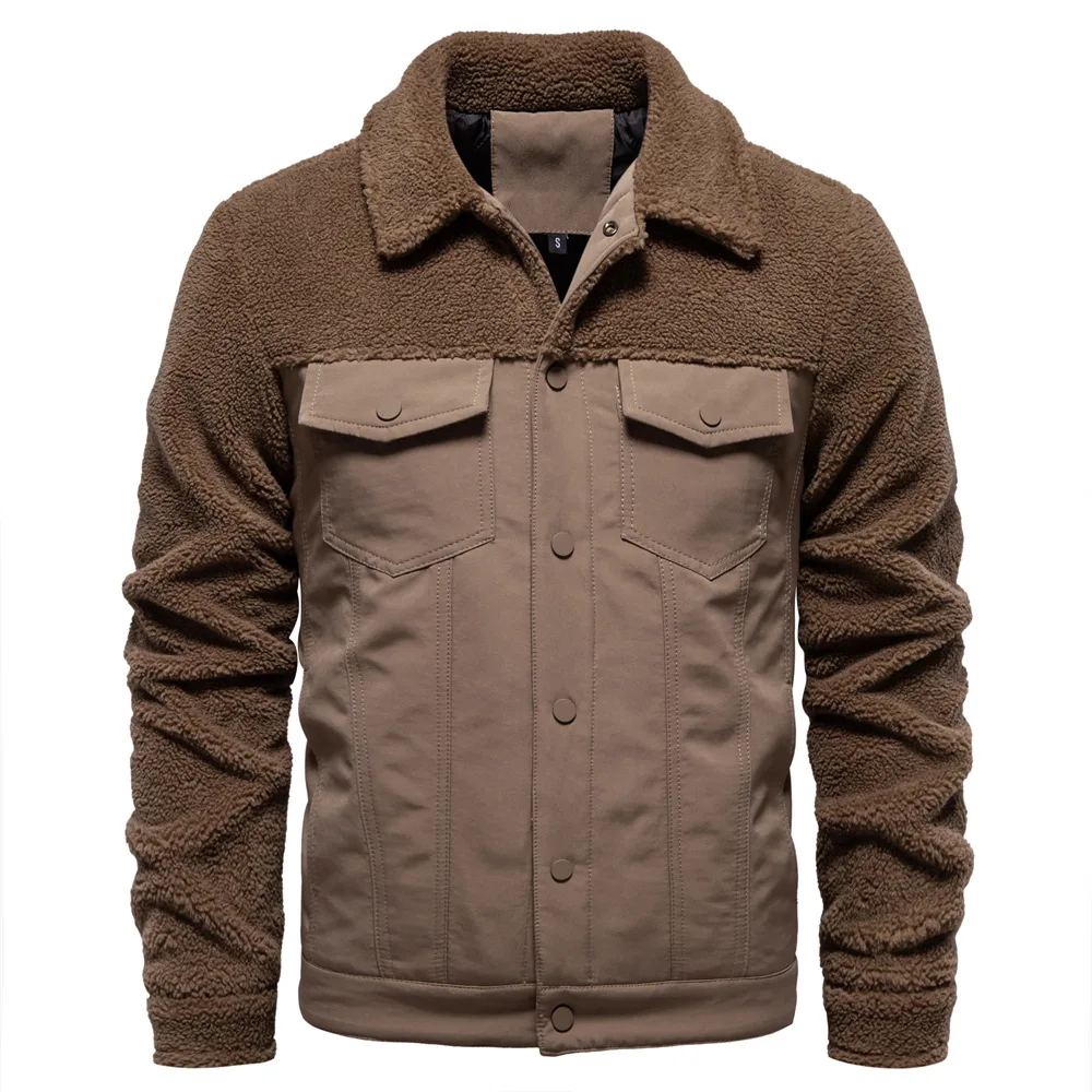 

Lamb Wool Jackets Long Sleeve Turn Down Collar Men Coat Outerwear Spliced Single Breasted Cardigan Casual Pockets Patchwork
