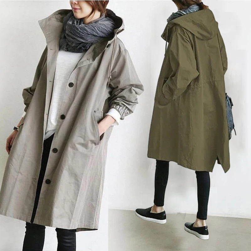 Hooded Pocket Long Sleeve Windbreaker Loose Coat Mid Length Jacket British Style Women Clothes Solid Autumn Thin  Casual Vintage