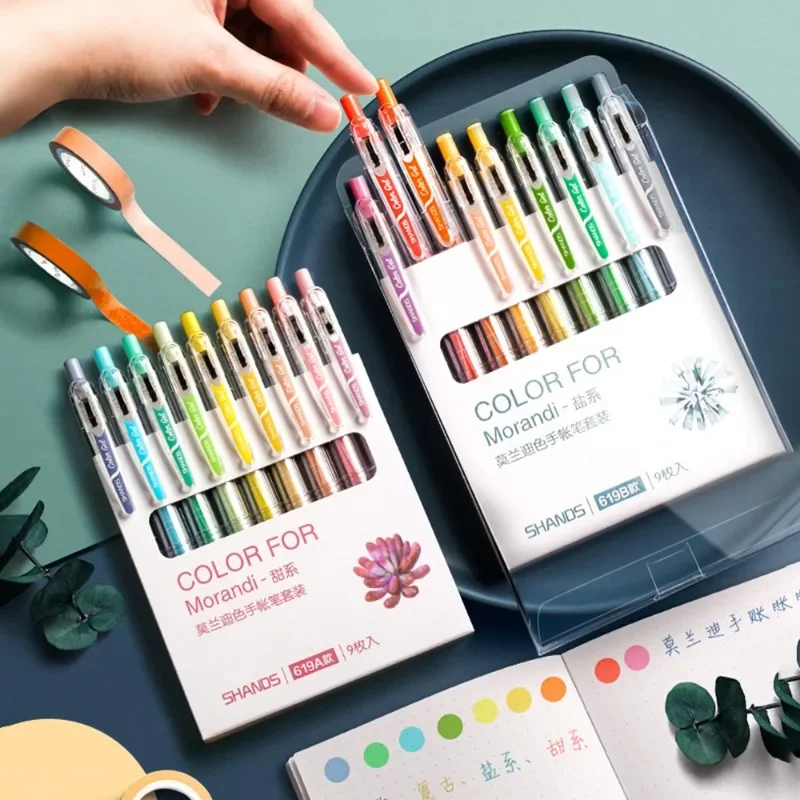 9 Colors/Box Multi-Color Gel Pens Morandi Hand Account Pen 0.5mm Smooth Writing Painting Marker Stationery Kids School Supplies