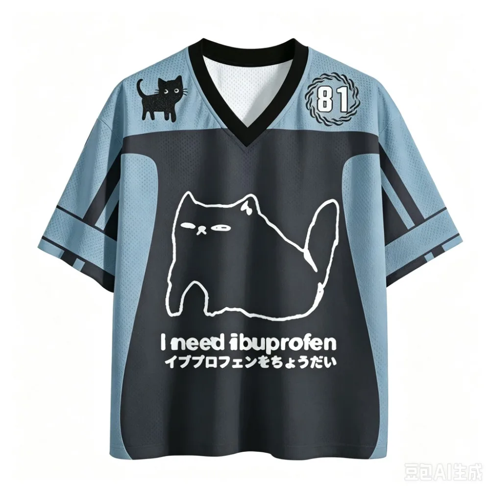 Black Cat Pattern Japanese Sports Quick-dry Breatha 3D Print Men V-Neck T-Shirt Street Fashion Hip-Hop Y2K Parent-child Clothing
