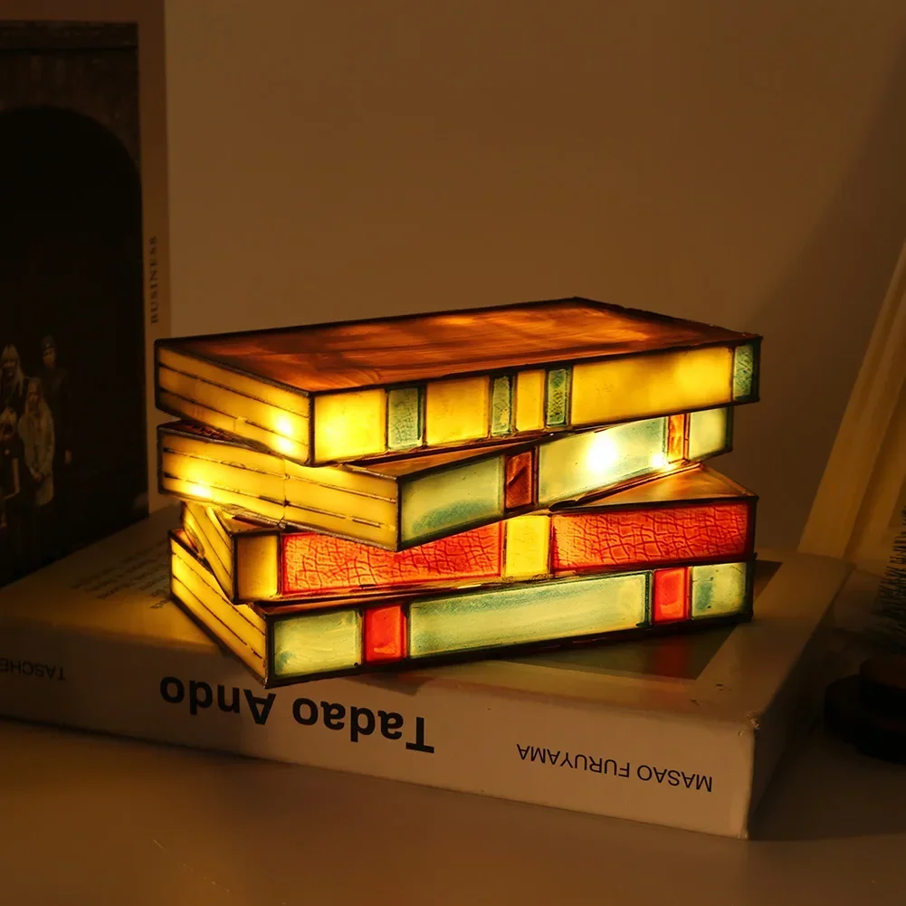 Vintage Stacked Books Lamp Decorative Handicraft Stacked Books Light Stained Glass Table Reading Light Nightstand Desk Lamps