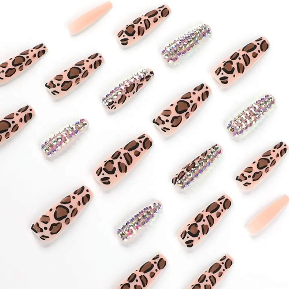 24 szt. Odpinane DIY Cyrkonie Pełne Pokrycie Sztuczne Paznokcie Długie Francuskie Leopard Balerina