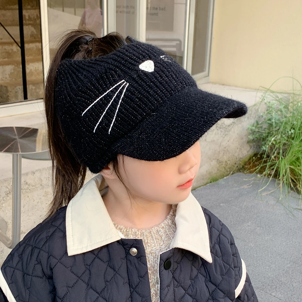 Girl\'s Hat Autumn and Winter New Knitted Warm and Cute Ear Protection Baby Thickened Wool Children\'s Empty Top Duck Tongue Hat