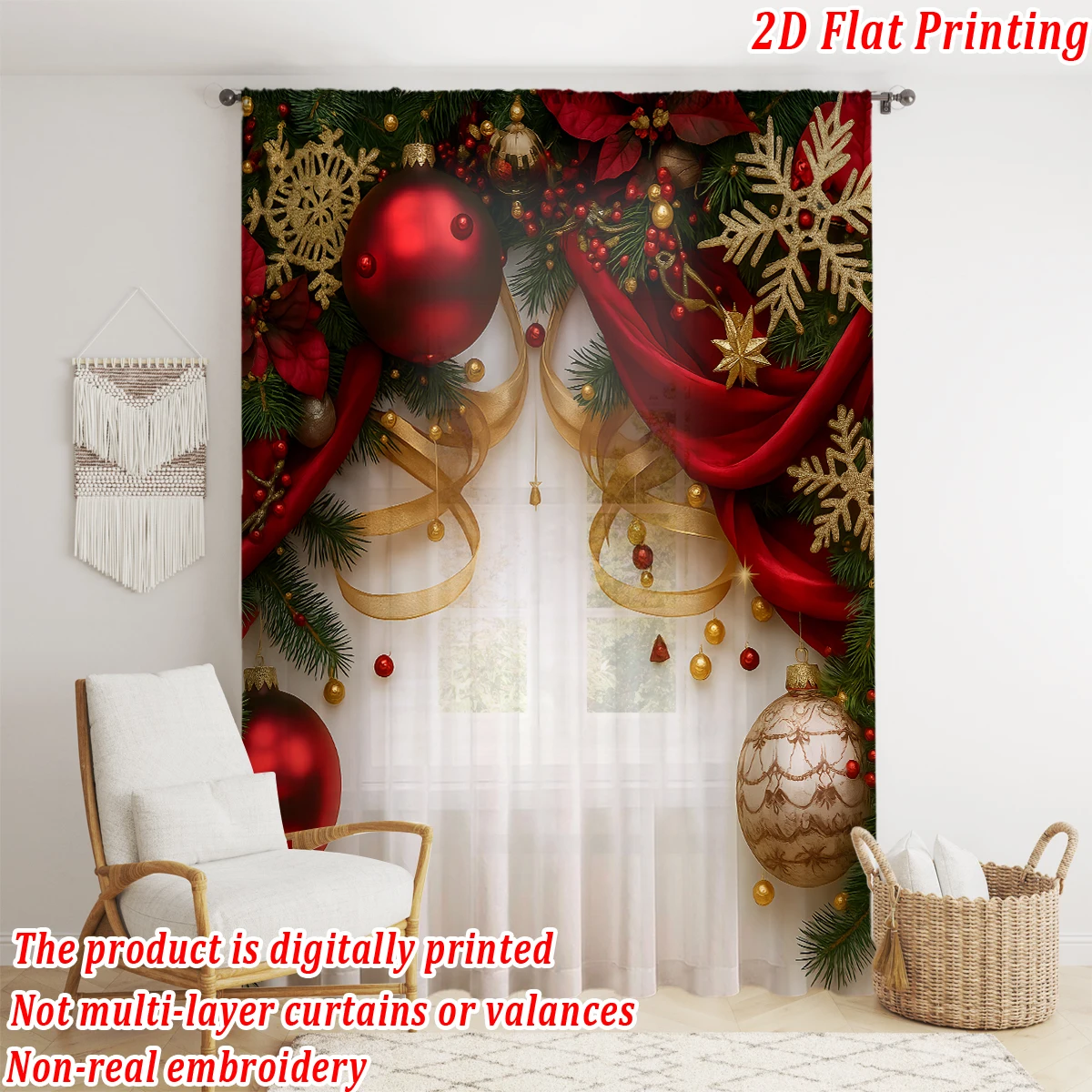 Cortina transparente con estampado plano de Navidad con bola navideña, cinta de copo de nieve, baya para decoración de sala de estar y dormitorio, fiesta navideña