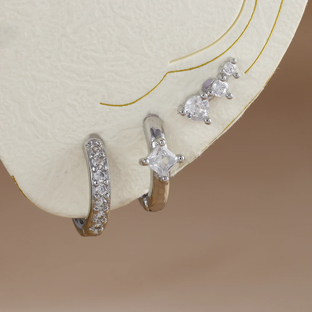 3pcs Sets Stainless Steel Square Zirconia Hoop Earrings For Women Daily Life Cartilage Stud Earrings Piercing Jewelry Gift