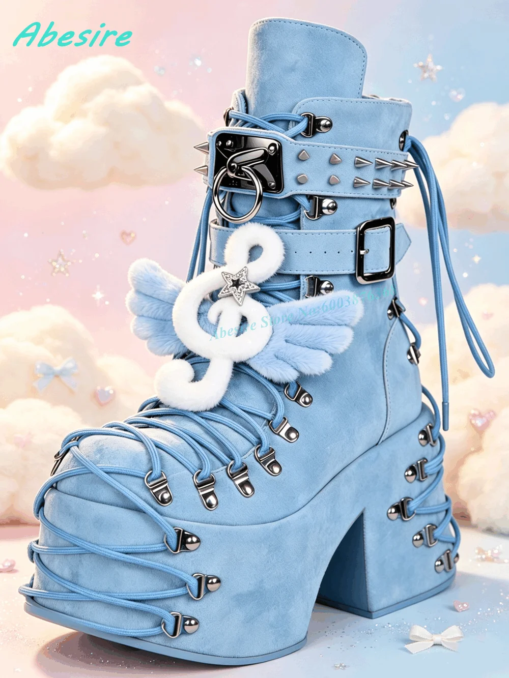Blue Suede Platform Block Heel Ankle Boots Lace Up Buckle Straps Fluffy Music Note Women's Boots Gothic Sweet Punk Lolita Shoes
