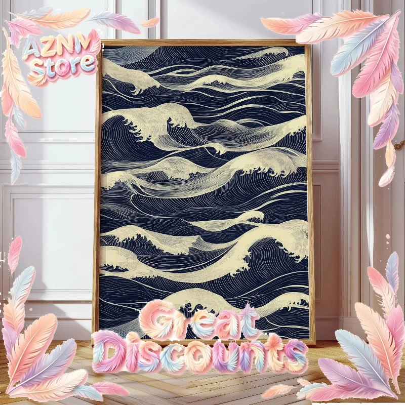 Japanese Wave Pattern Canvas Wall Decor Art  Minimalist Ocean Linework in Navy and Cream Woodblock Aesthetics Home Decor 2026