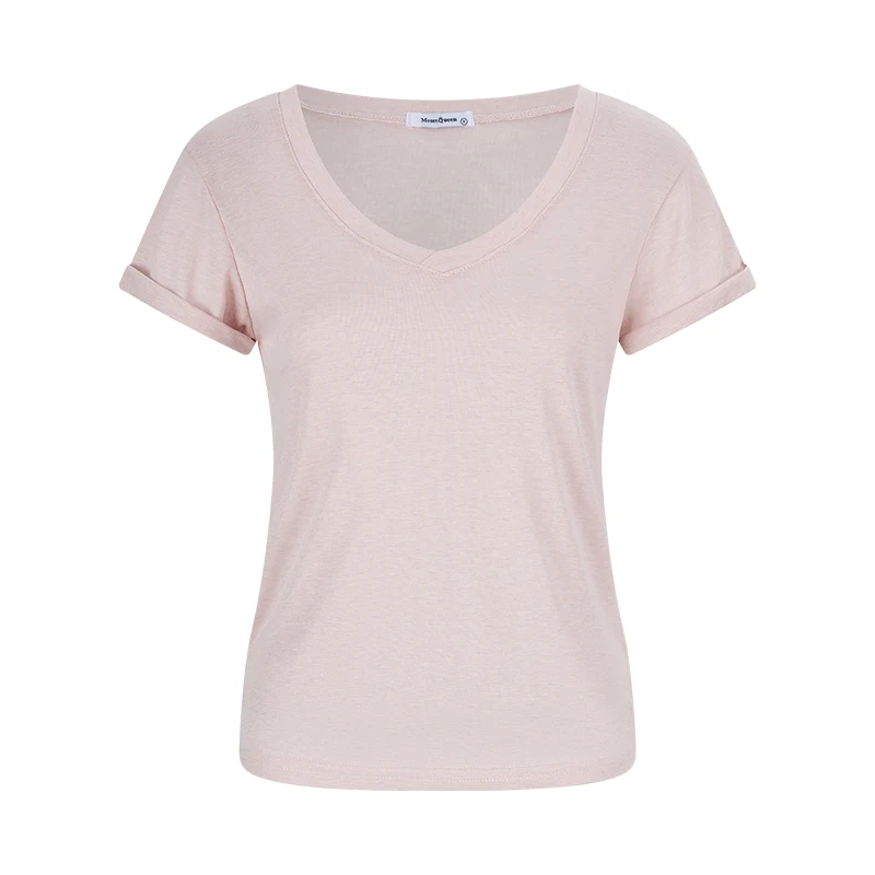 

MosesQueen Pink Basic Short Sleeve T-Shirt Summer Loose Slimming V-Neck Striped Top Casual Style Women's Fashion