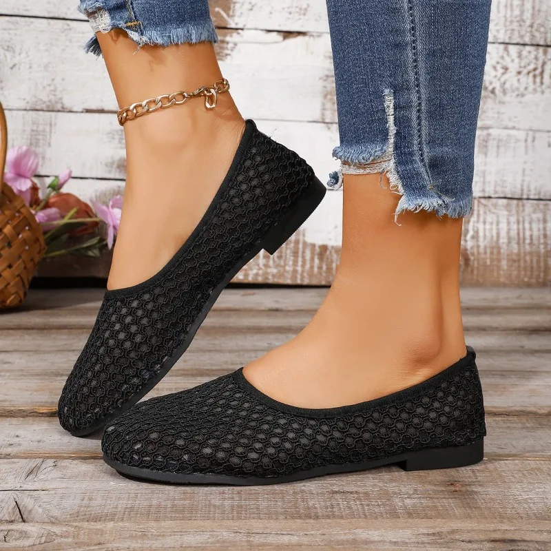 Mesh Hollow Out Breathable Sweet Fashion Sexy Literature and Art Grandma Shoes Temperament Flat Heel Single Shoes Women