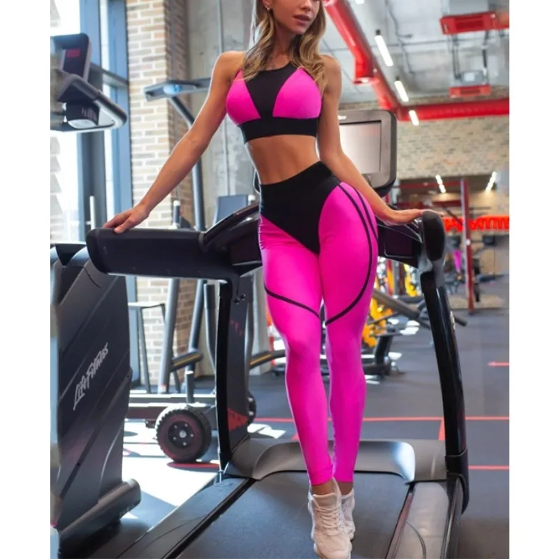 

Krisnanas Rose Red Trousers Suits 2025 Spliced Short Tanks Tops+high Wait Leggings Sportwear Workout Sweatpants Sets 95888