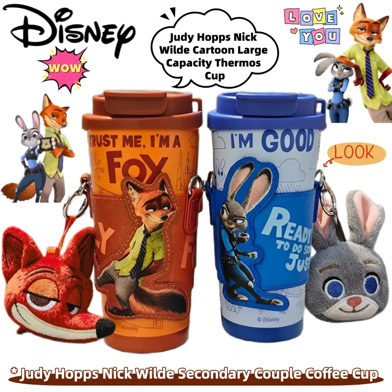 

New Disney Judy Hopps Nick Wilde Cartoon Cute Large Capacity Stainless Steel Thermos Creative Secondary Coffee Cup Holiday Gift
